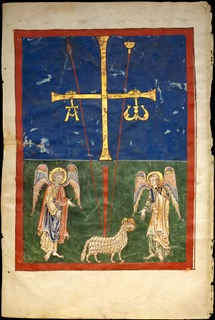 Leaf from a Beatus Manuscript: Lamb at the foot of the Cross, flanked by two angels. Image public domain.