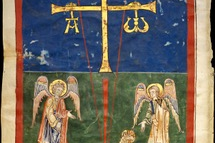 Leaf from a Beatus Manuscript: Lamb at the foot of the Cross, flanked by two angels. Image public domain.