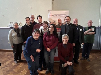 Fr Fadi Diab with some Kentish Town parishioners, Brendan Metcalfe from FHL,  and members of Christians for Palestine. Image: ICN/JS