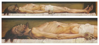 The Body of the Dead Christ in the Tomb (full canvas and detail) by Hans Holbein the Younger (1497-1543), Painted between 1520 and 1522 © Kunstmuseum Basel