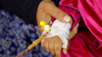 One of many Palestinian children with malnutrition being treated at al-Awda health centre, Rafah