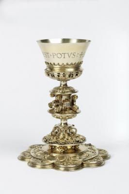 Spanish silver-gilt chalice, Burgos, Spain, 1549. Engraved 'SANGUIS MEUS VERE EST POTUS'  © V&A Museum