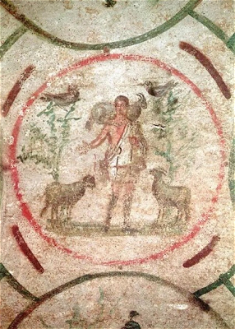 The Good Shepherd, Catacombs of Priscilla, Rome Circa 200 AD.  Fresco painting © Christian Art