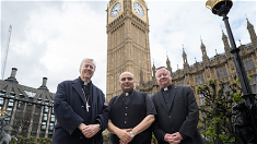 l-r: Bishop Hudson, Fr Romanelli, Fr Madden  outside Parliament. Image:  M Mazur CBCEW