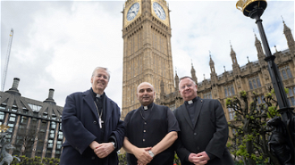 l-r: Bishop Hudson, Fr Romanelli, Fr Madden  outside Parliament. Image:  M Mazur CBCEW