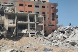 Neighbourhood in rubbles near Al-Shifa hospital in Gaza, April 2024. WCC file photo.