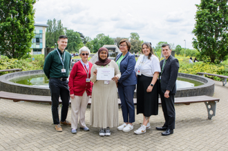 Marek Czapiga, College Chaplain, Sr Margaret Harlock MBE, College Governor, Samiya, Marian Curran, Principal, Beth Wilson, Shane Blackshaw, Executive Finance Director