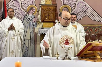 Fr Gabriel Romanelli celebrates Mass in Gaza's Church of the Holy Family