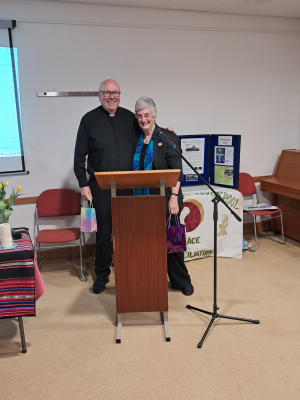 Archbishop Malcolm McMahon and Ann Farr - outgoing Pax Christi President and Chair