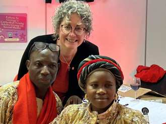 Margaret Attah and her husband Dominic with ACN director Caroline Hull at last year's Red Wednesday reception. Image: ICN/JS