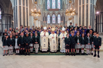 Papal Nuncio with Bishop Peter Collins, Bishop Alan Hopes and Norwich Catholic school pupils at St John's Cathedral.