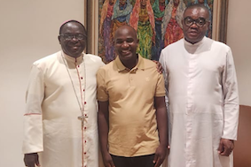 Fr Suleiman (centre) with Bishop Matthew Kukah and Fr Chike © Diocese of Sokoto