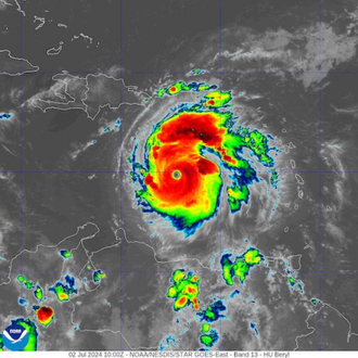 Infrared satelite imagery of Hurricane Beryl near peak intensity on July 2, 2024. Wiki Image NOAA