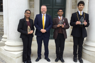 l-r: Manisha, Nevin, headteacher Mr Christopher McCormack, Mohanant. Image: St Bonaventure's