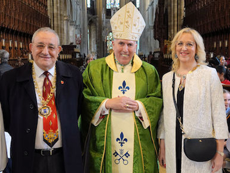 Cllr Marco and Maddalena Cereste with Bishop Peter Collins at the One Mass in Peterborough Cathedral. Image: Diocese of East Anglia