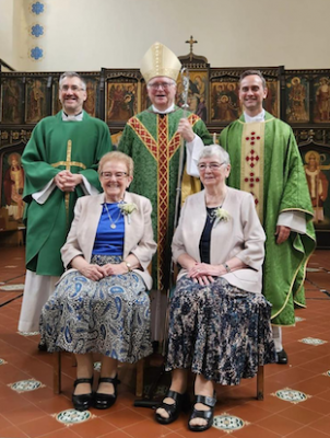 Sr Angela and Sr Margarita, with Bishop Jim Curry, present & past PPs Fr Damian Ryan & Fr Sean Church.