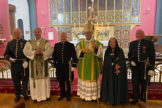 l-r: Peter Sefton-Williams, Canon Martin Edwards, Nigel Parker, Bishop Philip Moger, Mary Maxwell and Bernard Waddingham at the Investiture.