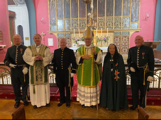 l-r: Peter Sefton-Williams, Canon Martin Edwards, Nigel Parker, Bishop Philip Moger, Mary Maxwell and Bernard Waddingham at the Investiture.