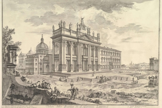 Saint John Lateran main facade with Palace and Scala Santa on the right, engraving  by Giovanni Battista Piranesi, 1749