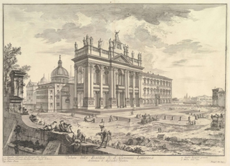 Saint John Lateran main facade with Palace and Scala Santa on the right, engraving  by Giovanni Battista Piranesi, 1749