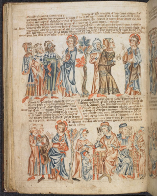 Three attempts to trap Christ, from Holkham Bible Picture Book England, 1327-1335, Written in Anglo-Norman French © British Library, London / Alamy