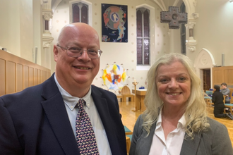 Martin Foster with Sandra Garry, PA to Chief Operating Officer of Bishops' Conference at St Patrick's College, Maynooth, during Irish Bishops' 2024 Winter Meeting. Image CCO Archive