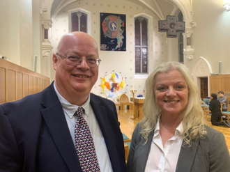 Martin Foster with Sandra Garry, PA to Chief Operating Officer of Bishops' Conference at St Patrick's College, Maynooth, during Irish Bishops' 2024 Winter Meeting. Image CCO Archive