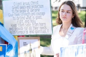 Prayer for Ukraine outside 11th Assembly of WCC, 31/8 - 8/9 2022 Karlsruhe, Germany.