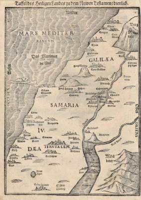 Holy Land Map by Heinrich Bünting, from Tafel des Heiligen Landes zu dem Neuen Testament dienlich, 1582, woodcut print © Christian Art