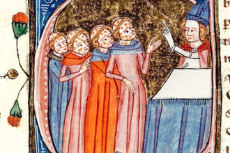 Leprosy victims taught by a bishop,  Medieval Illumination by James Le Palmer,  from the Omne Bonum manuscript,1360-1375,  Record Number: c6541-07; Royal 6 E. VI; f.301ra.