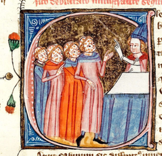 Leprosy victims taught by a bishop,  Medieval Illumination by James Le Palmer,  from the Omne Bonum manuscript,1360-1375,  Record Number: c6541-07; Royal 6 E. VI; f.301ra.