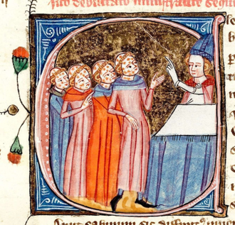 Leprosy victims taught by a bishop, Medieval Illumination by James Le Palmer, from the Omne Bonum manuscript,1360-1375, Record Number: c6541-07; Royal 6 E. VI; f.301ra.