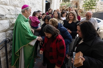 Bishop Hudson meets parishioners at Church of Seven Sorrows, Aboud. Image: HLC