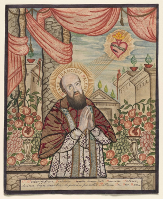 Saint Francis de Sales, 18th century, hand-coloured engraving, fabric, lace ©Metropolitan Museum, New York