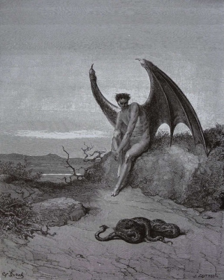 The Serpent.. Fast Sleeping, soon he found In labyrinth of many a round, self-rolled, by Gustave Doré, 1866, engraving for Milton's Paradise Lost. Cassell, Petter & Galpin  © Wikimedia Commons.