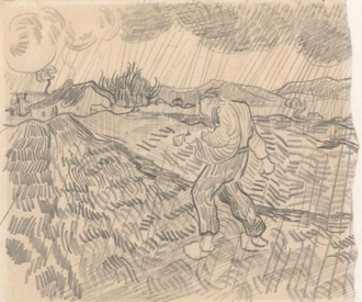 The Sower in the Rain by Vincent van Gogh, Drawn in Saint-Rémy-de-Provence,  1890. Pencil, pen and reed pen and ink, on paper © Van Gogh Museum, Amsterdam (Vincent van Gogh Foundation)