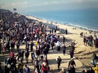 Thousands making the long walk to an uncertain future in north Gaza where most of their homes have been destroyed - Screenshot