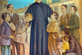 Saint John Bosco and his Children,  by Paolo Giovanni Crida, 1957, Mural in Church of Basilica Maria Ausiliatrice  © Alamy / Christian Art