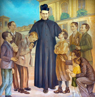 Saint John Bosco and his Children, by Paolo Giovanni Crida, 1957, Mural in Church of Basilica Maria Ausiliatrice © Alamy / Christian Art