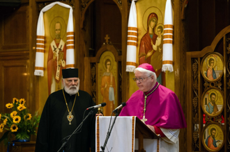 Bishop Kenneth Nowakowski and Bishop Jim Curry at the interfaith prayer service