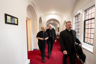 Fr Gabriel with the Cardinal and Canon Madden during his UK visit. Image: Mazur/cbcew.org.uk