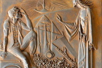 Christ and the Rich Young Man, by Athos Renzo Brioschi, 1971,  Gilt-bronze plaque, Church of Four Evangelists, Milan  ©Alamy