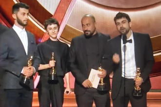 Co-directors Basel Adra, Rachel Szor, Hamdan Ballal and Yuval Abraham at the Oscar ceremony