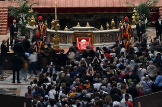 Tens of thousands of mourners have filed past Pope Francis lying in state. Image: Vatican Media