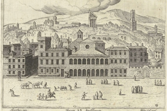 View of the Basilica dei Santi Apostoli (S. Apostolorum Ruinarum varii prospectus), Engraving by Hendrick van Cleve, publisher: Philips Galle, Antwerp 1585 © Alamy