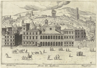 View of the Basilica dei Santi Apostoli (S. Apostolorum Ruinarum varii prospectus), Engraving by Hendrick van Cleve, publisher: Philips Galle, Antwerp 1585 © Alamy