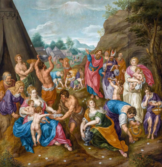 Israelites gathering the Manna from Heaven, by Hendrick de Clerck, oil on panel, painted circa 1620's © National Museum of Warsaw, Poland