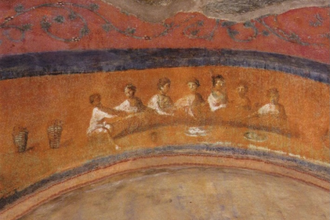 Fractio Panis, Second century fresco, Catacombs of Priscilla, Pigment on chalk lined wall  © Wikimedia / Christian Art