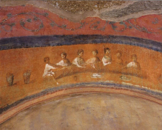 Fractio Panis, Second century fresco, Catacombs of Priscilla, Pigment on chalk lined wall © Wikimedia / Christian Art