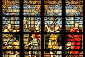 The martyrdom of Saint Pancras, Stained Glass Window, Grote Kerk, Dordrecht, Netherlands © Alamy stock photo / Christian Art